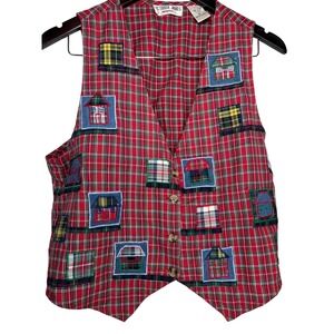 Victoria Jones Cottagecore Red Plaid House Applique Vest‎ PM Petites